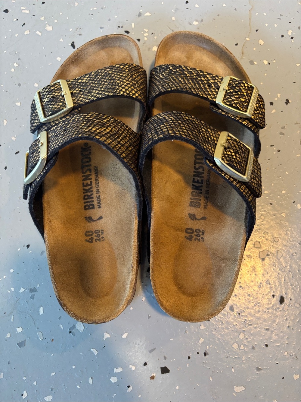 Birkenstock Arizona Double Strap Sandals - Black and Gold Snake Print